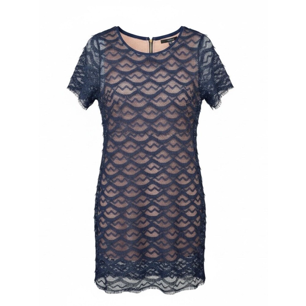 Sanctuary Navy Lace Overlay Short Sleeve Fringe Dress with Nude Lining - Size M